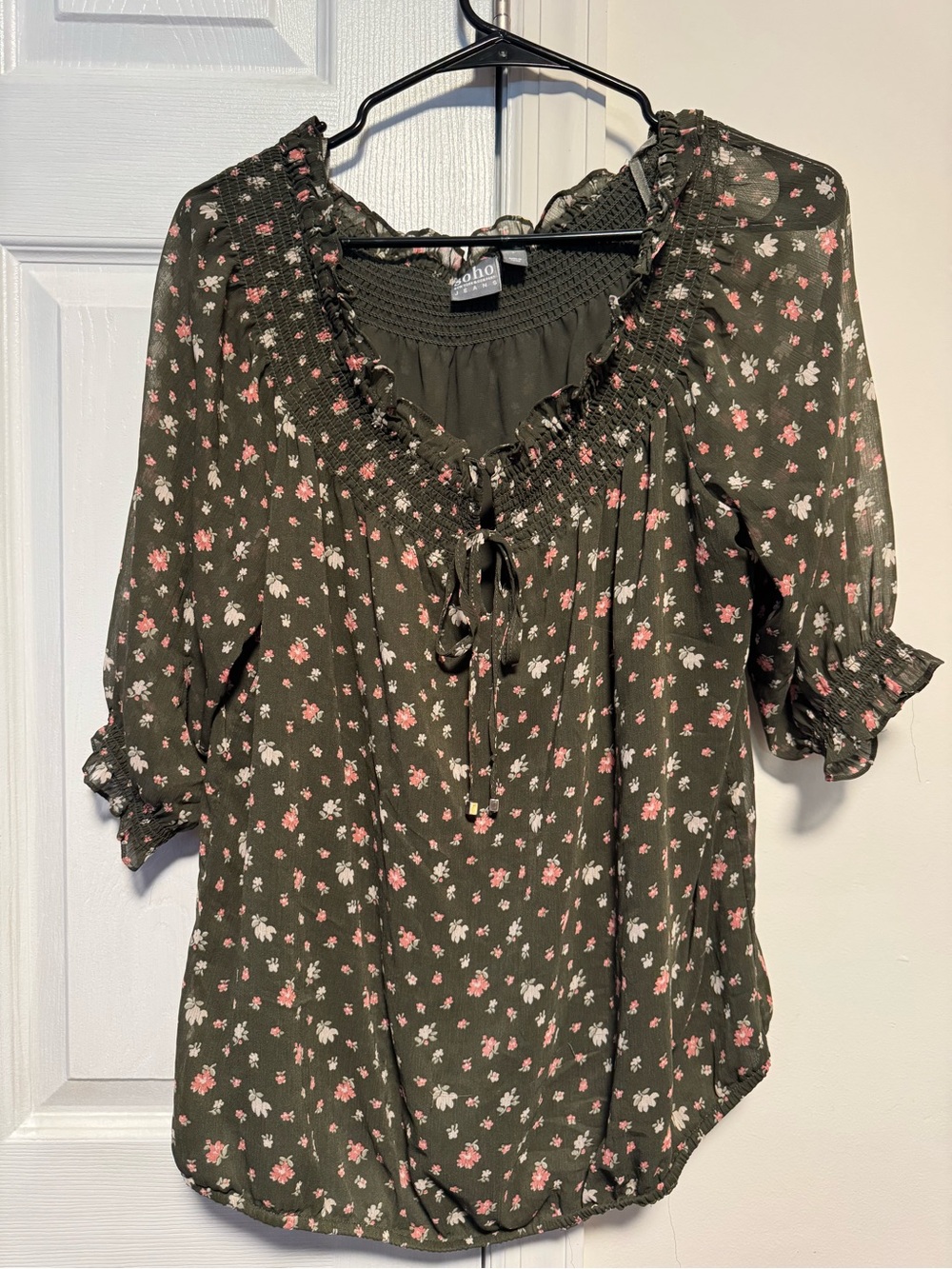 Green Floral Peasant Blouse